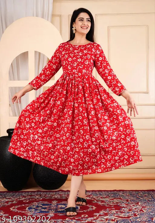 Orange & Rani Pink rayon Anarkali Kurta with printed gota work, three-quarter sleeves, M/L/XL sizes available, Indian handcrafted fashion