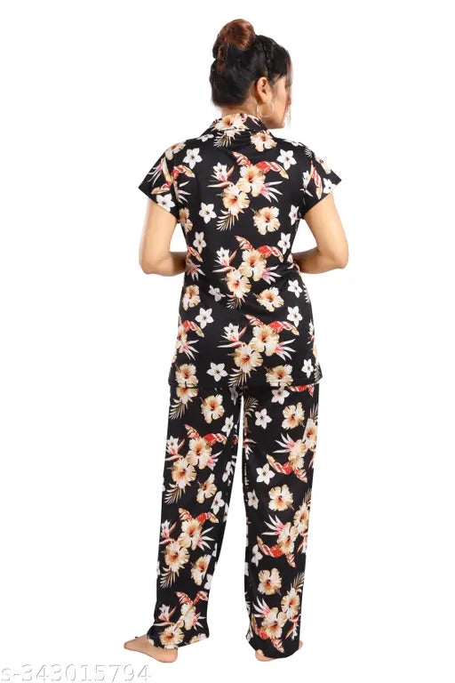 Women's printed satin nightsuite set - satin pyjamas coord set for women & girls, featuring short-sleeved shirt and pants with a vibrant pattern, available in sizes M, L, XL, XXL from India