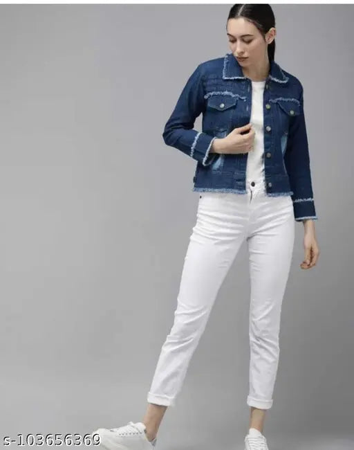 Dark denim jacket for girls, solid three-quarter sleeves, Decent Fashion India
