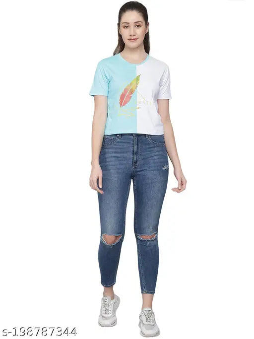 Light sky blue colorblocked cotton T-shirt for ladies with short sleeves and round neck, graphical print, suitable for various occasions and all body types. Made in India