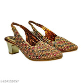 Synthetic golden heels sandal with embellished backstrap, perfect for stylish and comfortable women's wear. Sizes: IND-5, IND-6, IND-7, IND-8, IND-9, IND-10. Made in India
