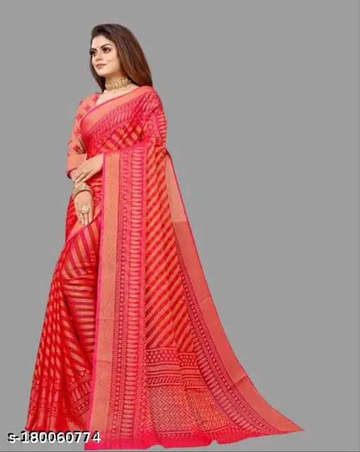 Multicolor striped chiffon saree with unstitched blouse, Indian fashion in breathable fabric