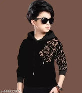 Black cotton boys' lion gold printed hoodie, long sleeves with hood, 6-16 years range, India origin