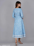 Blue Anarakli Kurta from Jaipuri Collection featuring Bandhej Prints on cotton fabric, three-quarter sleeves. Indian printed single-size kurta with embroidery work