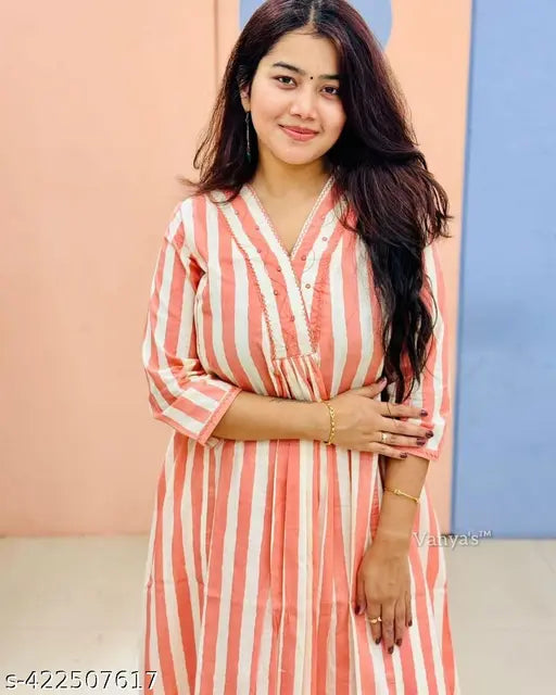 DY orange cotton striped kurti set - three-quarter sleeves, M (19in bust, 46in length) to XXL