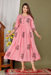 Rayon hand block printed Anarkali kurta, vibrant Indian fashion with three-quarter sleeves