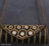 Black embroidered net fabric clutch with round mirror, ample space for essentials, free size (24x7in), Indian-origin women's sling bag