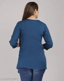 Teal blue rayon short kurti with embroidered pattern, three-quarter sleeves for women's fashion, India origin