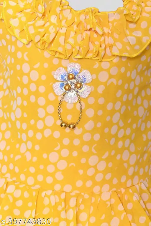 Yellow chiffon kids kurta palazzo set, printed anarkali top with dupatta for girls ethnic wear, trendy Eid special outfit from India
