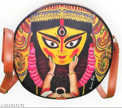 Indian digital printed faux leather sling bag, round shape with 3 compartments