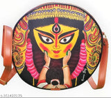 Indian digital printed faux leather sling bag, round shape with 3 compartments