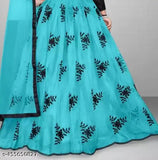 Skyblue embroidered self-designed Lehenga choli with fency black blouse on mannequin, featuring art silk bottom and net dupatta with lace stitch pattern