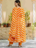Striped Georgette gown with dupatta set, trendy three-quarter sleeve dress for women, available in S, M, L, XL, XXL