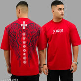 Red cotton lycra round-neck oversized T-shirt with 3D printed wings, perfect for casual or party wear