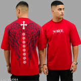 Red Cotton Lycra Oversized T-Shirt with 3D Printed Wings, ideal for casual or party wear, breathable and comfortable, easy to maintain, available in multiple colors