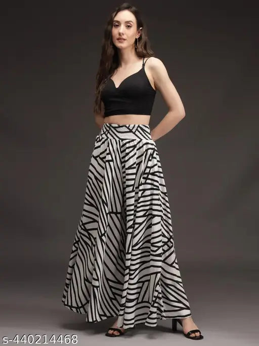 Viscose crepe flared palazzo skirt, free size with kurti and tank top - Trendy women's fashion, India origin