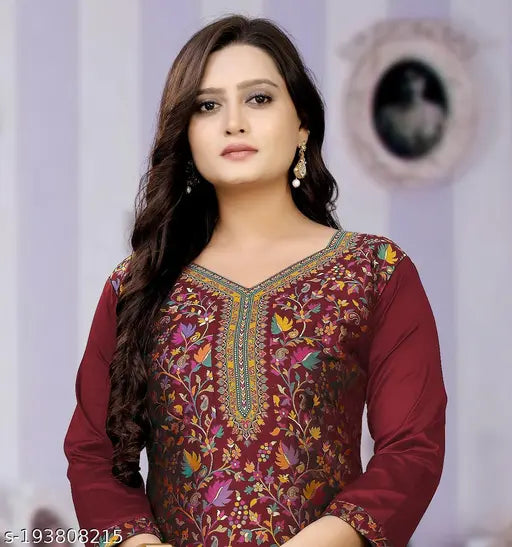 Maroon pashmina fabric Kashmiri style designer women's kurti with three-quarter sleeves and printed combo, Indian handloom fashion