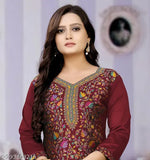 Maroon pashmina fabric Kashmiri style designer women's kurti with three-quarter sleeves and printed combo, Indian handloom fashion