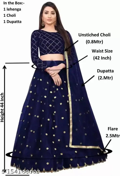 Satin and net Chokadi Bindi 001 lehenga choli with ethnic motif, embroidered dupatta in India" (116 characters)