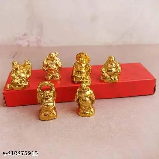 Gold polyresin Laughing Buddha statue set of 6 for home, workspace decor - Feng Shui showpiece, 6cm high
