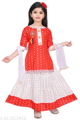 Rayon Suhana Kolkata Girls' Summer Party Wear Kurti Set with Printed Straight Top, Skirt, and Dupatta