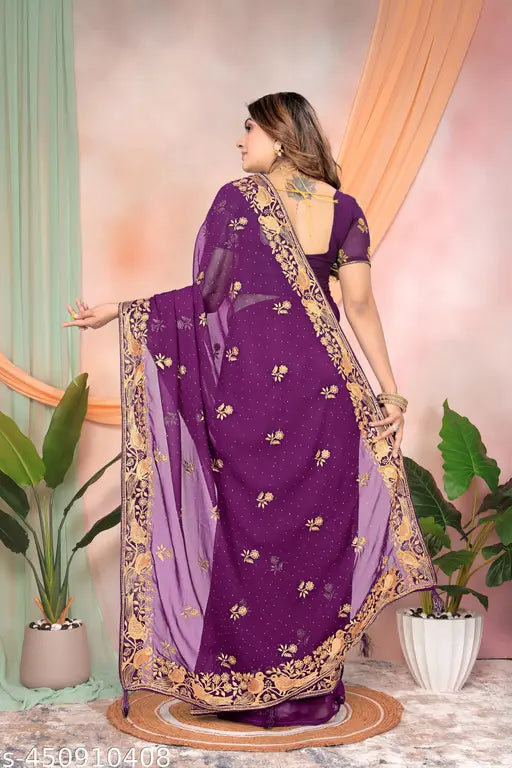 Purple embroidered Georgette silk saree with lightweight blouse, comfortable party wear for women and girls
