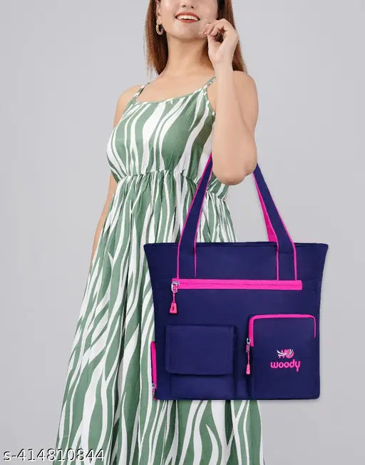 Solid fabric woody women's shoulder bag for office and college, free size with 3 compartments, Indian designer handbag