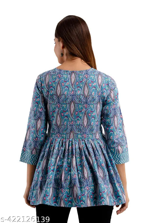 Blue, pure cotton DMP women's floral printed Dori fitting top with three-quarter sleeves, trendy style on mannequin