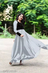 Georgette embroidered kurti, long sleeves, single-tone Indian traditional wear for women (M-XXXL sizes)