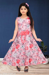 Sweet Pink Cotton Blend Digital Print Gown by TMTRENDZ - Fashionable, sleeveless party dress with flawsome design for girls aged 1-11 years. Perfect for weddings, traditional events like Diwali, Navratri, and Christmas