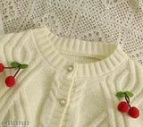 Cream wool cropped cardigan, self-design knitted with red cherry detailing. Imported winter fashion sweater on hanger." (120 characters)