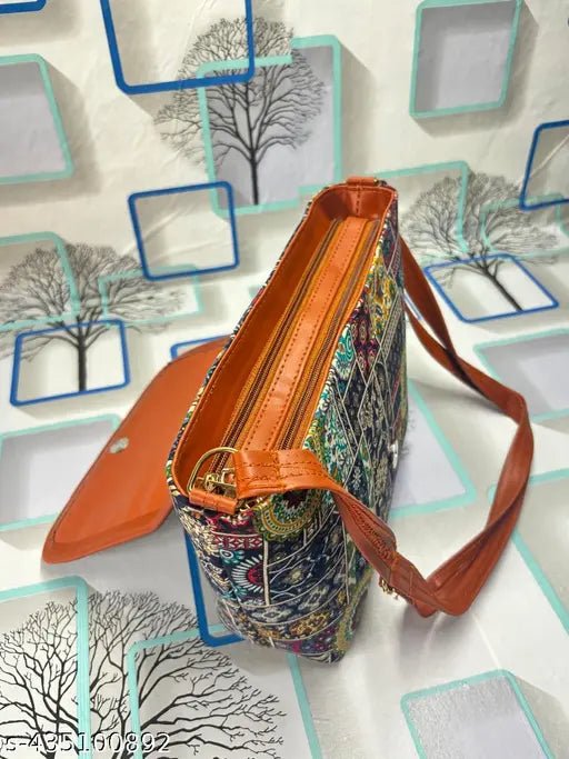 Elegant fabric sling bag, self-designed with 3 compartments. Indian-origin accessory for women and girls