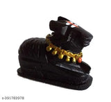 Black poly resin Shiva's Nandi statue with trishul and damru, ideal home decor or temple puja accessory (7.5cmL x 3cmB x 5.5cmH)