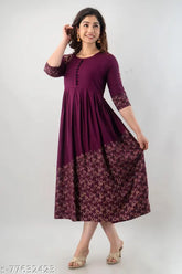 Rayon vine purple Anarkali long kurta with round neck and three-quarter sleeves, ideal for women's traditional Indian fashion