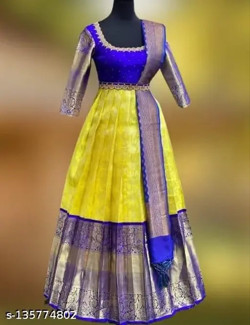 Trendy jacquard gown with three-quarter sleeves and zari woven net pattern, women's partywear fashion, XS to XXXXL sizes, India origin