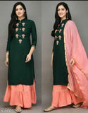 Stylish Rayon dupatta set with embroidered kurta and bottomwear, single size L & M. Indian traditional wear on model