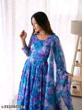 Stylish Georgette printed net long-sleeved women's gown (N) - Indian fashion for sizes S to XXL