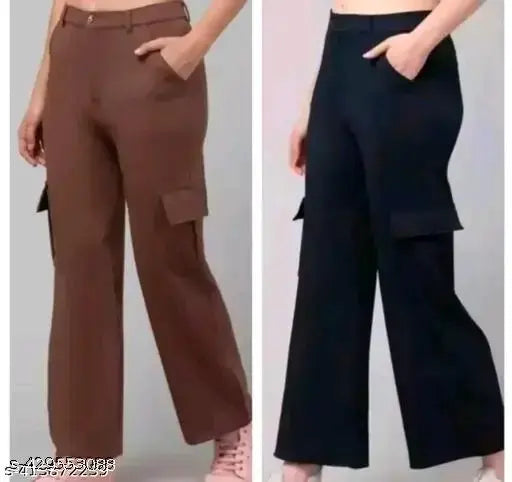 Solid cotton lycra straight-fit cargo pants, slanted inset pocket with flap. Pack of 2 combo for casual and formal wear." (104 characters)