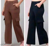 Solid cotton lycra straight-fit cargo pants, slanted inset pocket with flap. Pack of 2 combo for casual and formal wear." (104 characters)