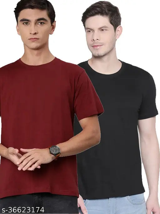 Organic Chics Black-Maroon solid cotton men's t-shirt combo of 2 (S-38", M-40", L-42", XL-45", XXL-48") for gym style and comfort