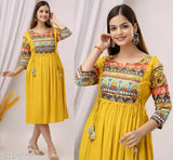 Rayon Anarkali kurti with three-quarter sleeves, solid pattern, available in multiple sizes from S to 5XL. Indian traditional women's clothing on mannequin