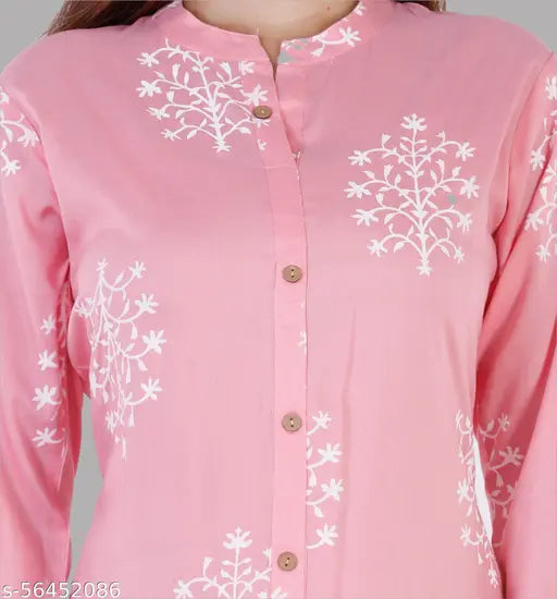 Pink rayon print kurti with three-quarter sleeves, Indian traditional wear for women