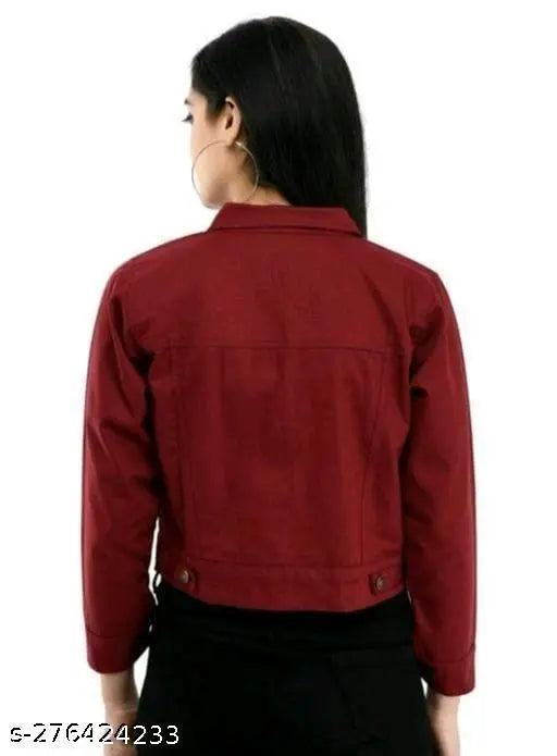 Denim maroon jacket, women's long sleeves, solid design, India-made casual wear