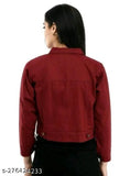 Denim maroon jacket, women's long sleeves, solid design, India-made casual wear