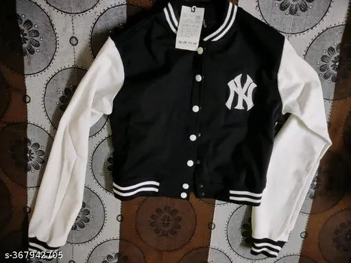 Black fleece long sleeve jacket with NY patch, stylish and attractive for women