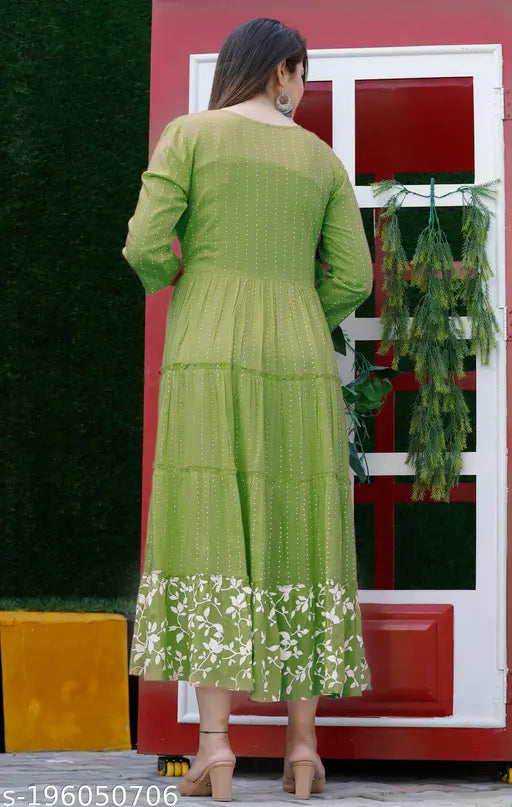 Embroidered rayon anarkali kurta in printed combo for women, three-quarter sleeves on mannequin