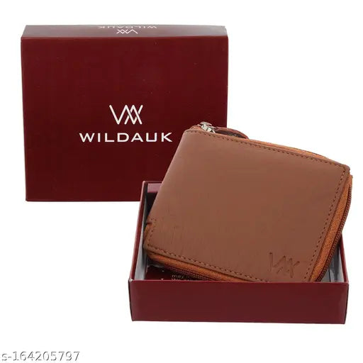 Tan faux leather travel wallet for men & women, 3 card slots, textured pattern, compact size, durable construction, round chain closure, high-quality artificial leather, lightweight design, perfect gift idea, made in India