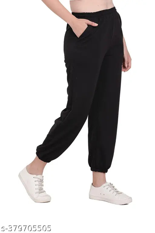 Black cotton blend joggers for women - trendy black track pant pyjama with elastic waistband and adjustable drawstrings, ideal for lounging or running errands. Made in India