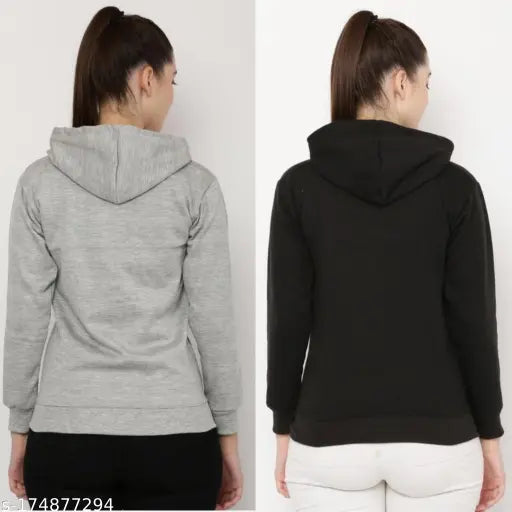 Grey/Black fleece hoodie jacket, solid pattern, long sleeves - casual wear for S-XL, Indian-made