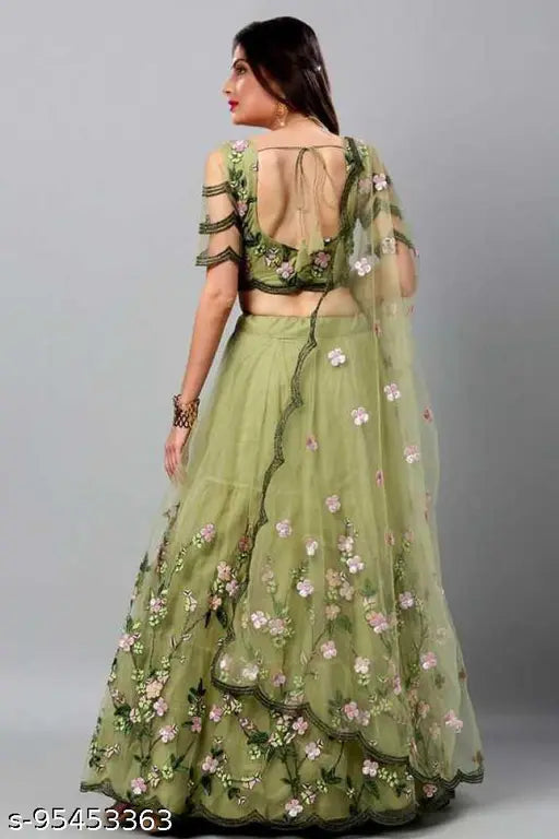 Embroidered semi-stitched pista lehenga choli set (net), Indian traditional bridal wear with dupatta